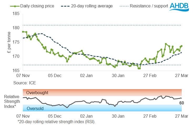 Line graph showing UK feed wheat futures prices May-26 contract (£/tonne).